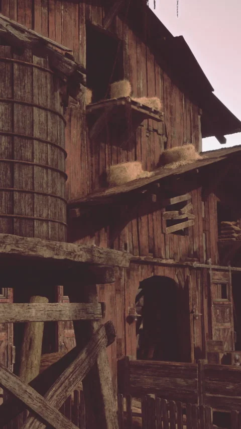 Old wooden barn with storage area in rural setting during twilight hours Stock Footage 340277047