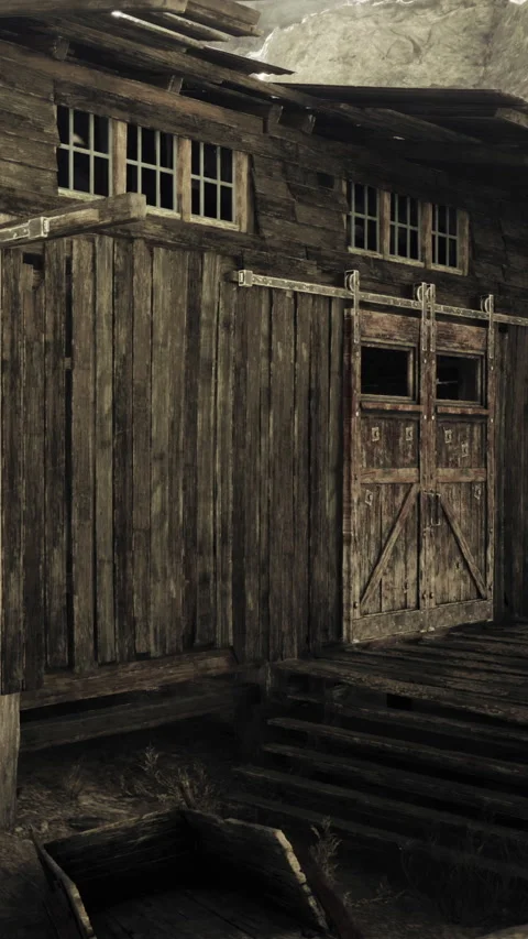 Old wooden barn structure in rural area during daylight hours Stock Footage 331369888