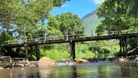 Old wooden bridge over a stream in countryside of Cambodia 動画素材 336781585
