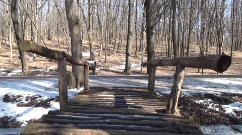 Old wooden bridge in a spring forest Stock Footage 36036591