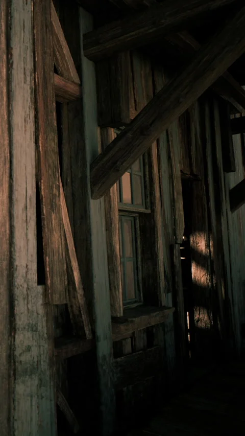 Old wooden building with broken windows in evening light Stock Footage 339044524