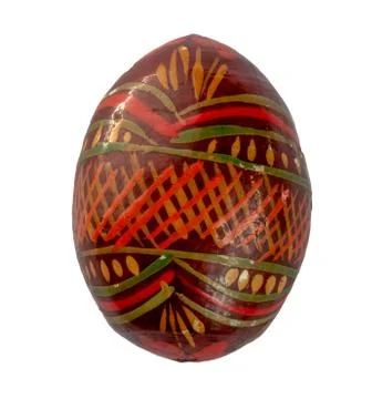 Old wooden Easter egg, hand-painted with acrylic paints over a white background Stock Photos