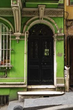 Old wooden entrance door of house in Istanbul. Stock Photos