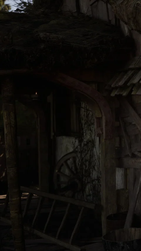 Old wooden structure in deep forest with rustic details and natural light Stock Footage 341031590