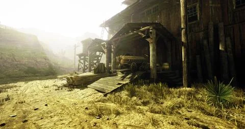 Old wooden structure in desolate rural area with misty atmosphere and dirt pa Stock Illustration