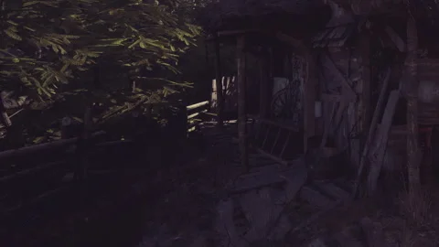 Old wooden structure near trees with broken furniture outside at dusk Stock Footage 344408415