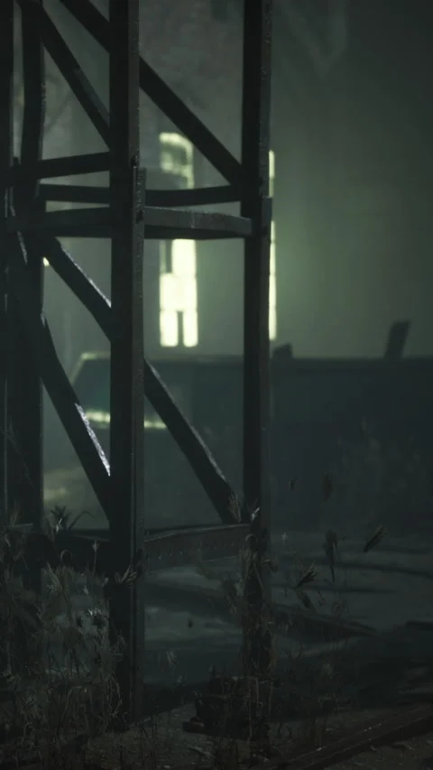 Old wooden structure stands in dark space with faint light in background Stock Footage 334259246