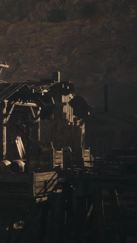 Old wooden structures in a mining area during the day Stock Footage 337971531