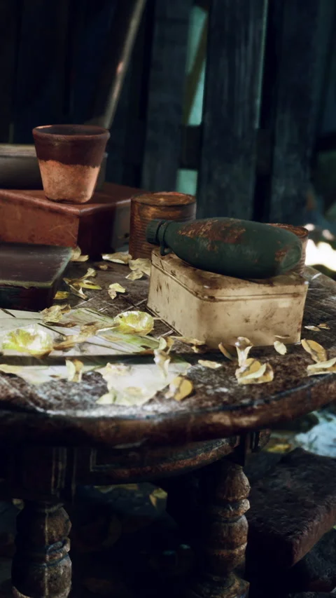 Old wooden table with objects and leaves in a shaded room setting Stock Footage 335693901