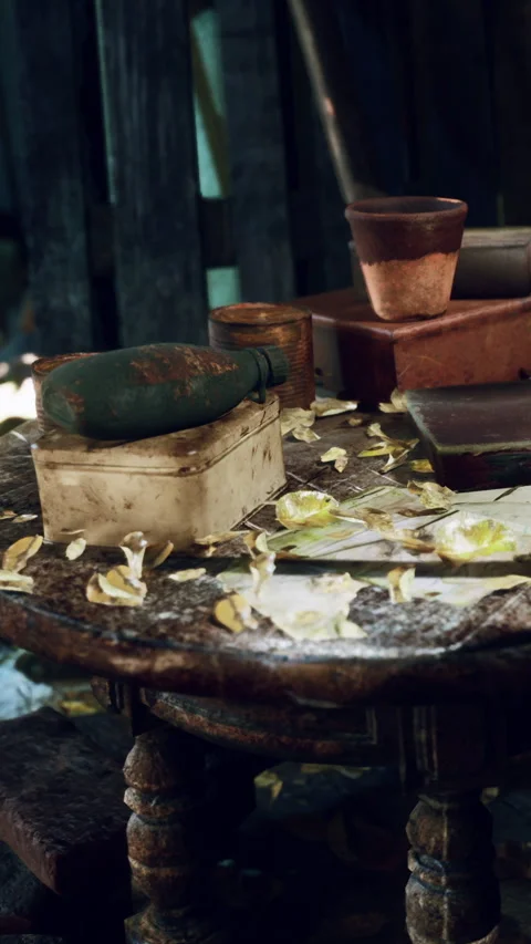 Old wooden table with tools and objects in a dimly lit room 動画素材 335687846