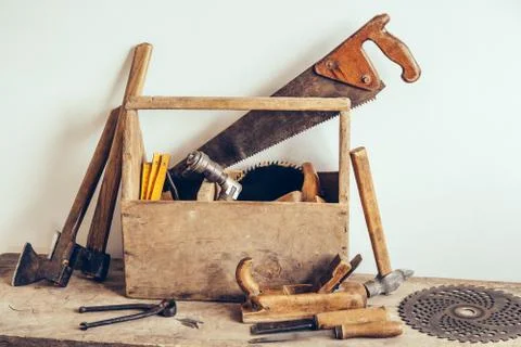 Old Wooden Tool Box Full of Tools. Old carpentry tools. Still life Stock Photos