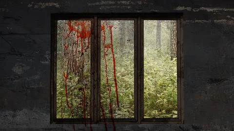 Old wooden window on the grungy wall with outdoor view and splatters of blo.. Stock Photos