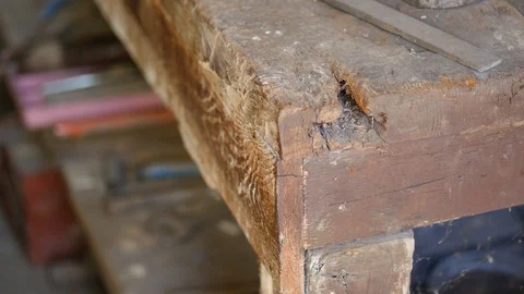 Old wooden work table with some tools Stock Footage 88784456