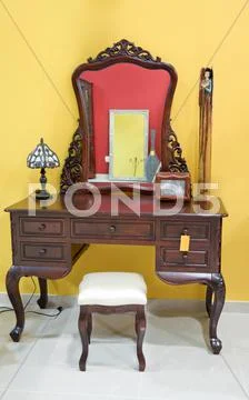 Old Wooden Writing Desk With Mirror