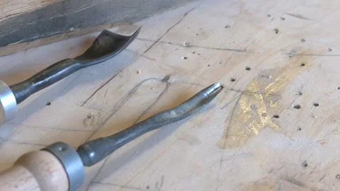 Old woodwork and carpentry tools on wooden tabletop. Video stock 136423409