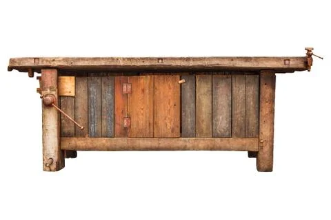 Old work bench isolated on white Foto stock