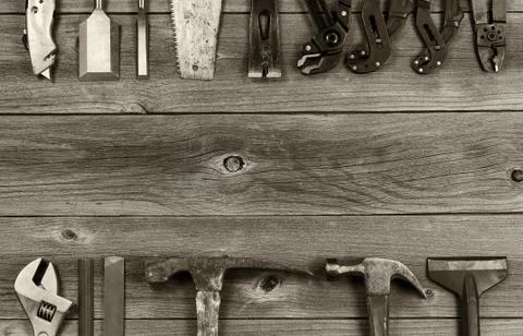Old Work Tools on Aged Wood Foto stock