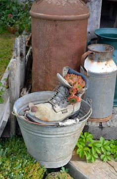 Old workboot in garden Stock Photos