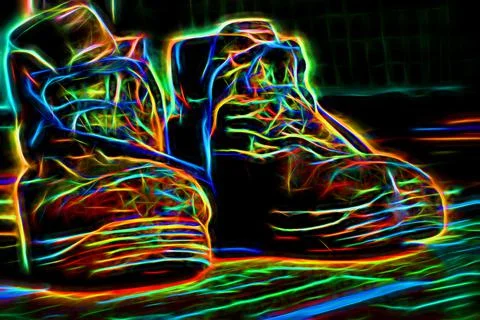 Old working bots close up. Illustration of shoes with neon treatment. Stock Illustration