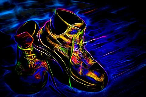 Old working bots close up. Illustration of shoes with neon treatment. Stock Illustration