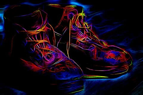 Old working bots close up. Illustration of shoes with neon treatment. Stock Illustration