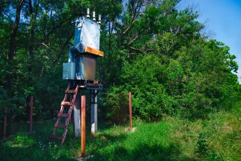 Old working rural electrical distribution transformer in the forest. Sunny da Stock Photos