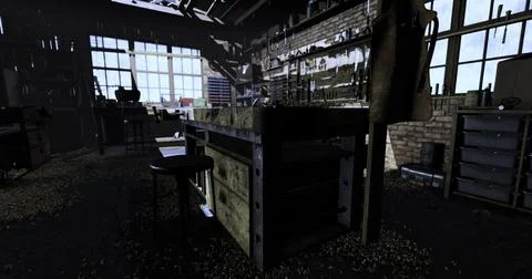 Old workshop interior with tools and natural light showcasing rustic charm Stock Illustration