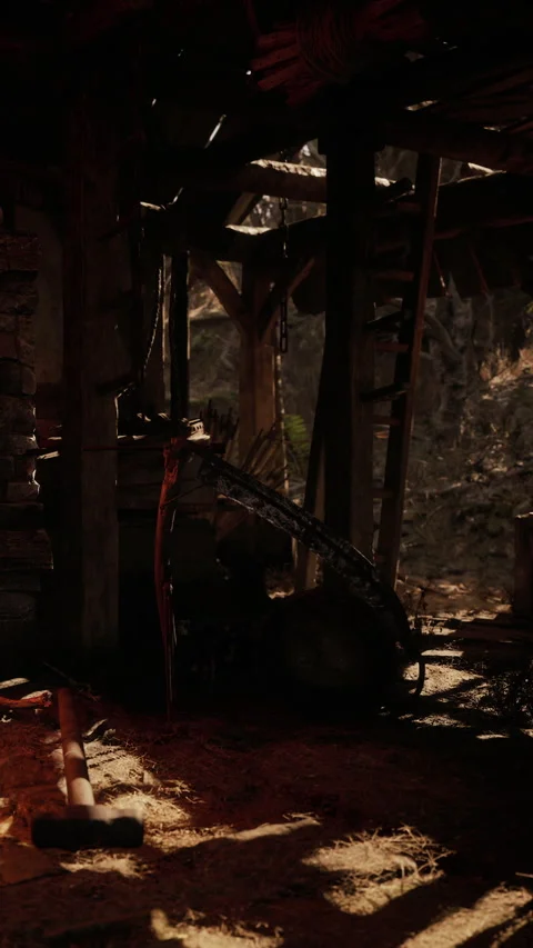 Old workshop with tools and wood in a rural setting during daylight Stock Footage 341027515
