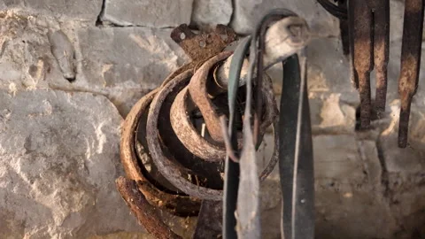 Old Workshop Tools Hanging on Wall Stock Footage 345991092