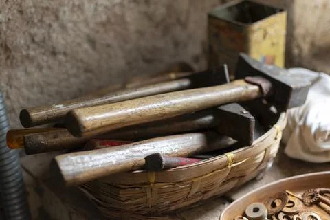 Old workshop with vintage hand tools, real life photo 스톡 사진