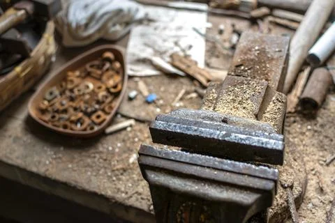 Old workshop with vintage hand tools, real life photo 库存照片