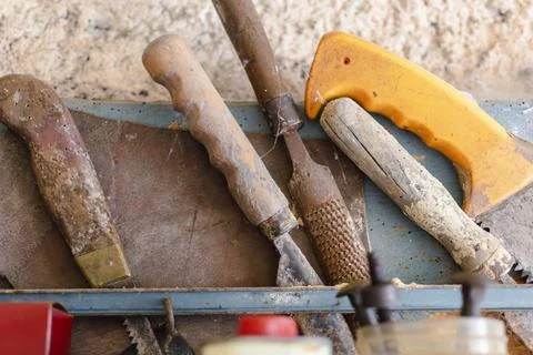 Old workshop with vintage hand tools, real life photo 스톡 사진