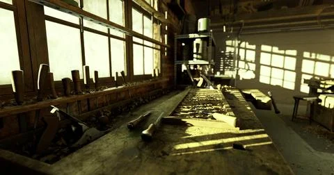 Old workshop with wooden tools illuminated by afternoon sunlight Stock Illustration
