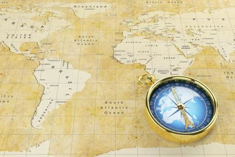 Old world map and antique compass. Illustrazione stock