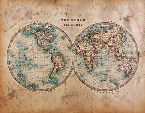 Old world map in hemispheres Stock Photos