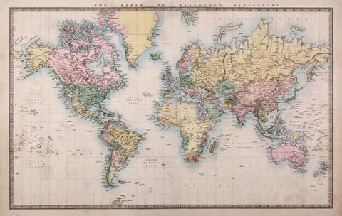 Old world map on mercators projection Stock Photos