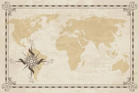Old world map. Vector paper texture with border frame. Wind rose. Vintage Stock Illustration