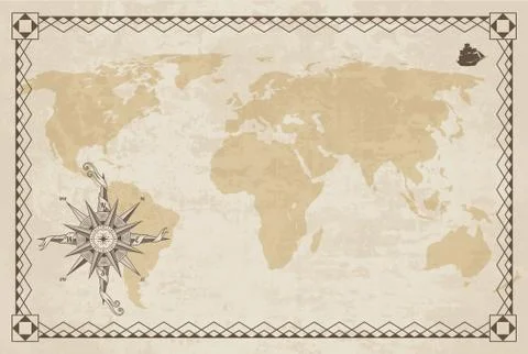 Old world map. Vector paper texture with border frame. Wind rose. Vintage Stock Illustration