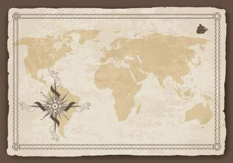 Old world map. Vector paper texture with border frame. Wind rose. Vintage Stock Illustration