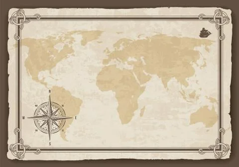 Old world map. Vector paper texture with border frame. Wind rose. Vintage Stock Illustration