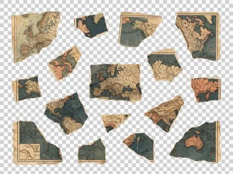 Old world maps collage cutouts in vintage style on transparent. Stock Photos