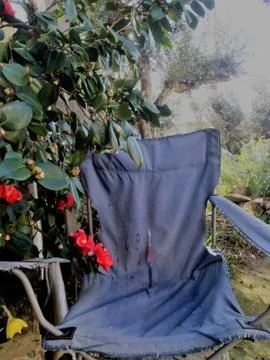 Old worn out material blue garden chair Stock Photos