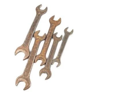 Old wrenches. locksmith tool. rusty key. Rusty old wrench isolated on white b Stock Photos