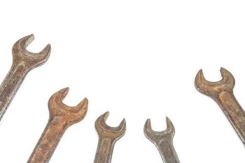 Old wrenches. locksmith tool. rusty key. Rusty old wrench isolated on white b Foto stock