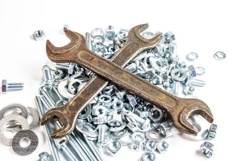 Old wrenches. locksmith tool. rusty key. Rusty old wrench isolated on white b Фото