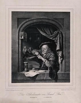 The old writing master sharpens his pen at the window with his students in .. Stock Illustration