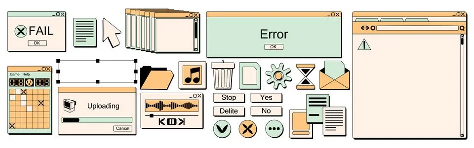 Old y2k software windows and icons set Stock Illustration