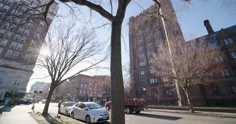Old Yale Campus, pan shot on Yale Muslim Prayer Room and Bingham Hall building Stock Footage 149228697