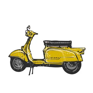 Old yellow scooter, vector emblem, hand graphic Stock Illustration