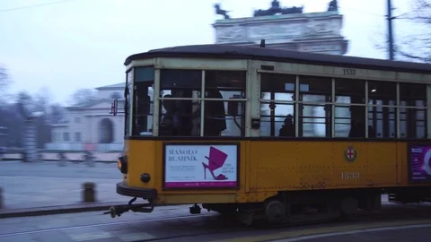 Old yellow tram in Milan Stock Footage 72786366